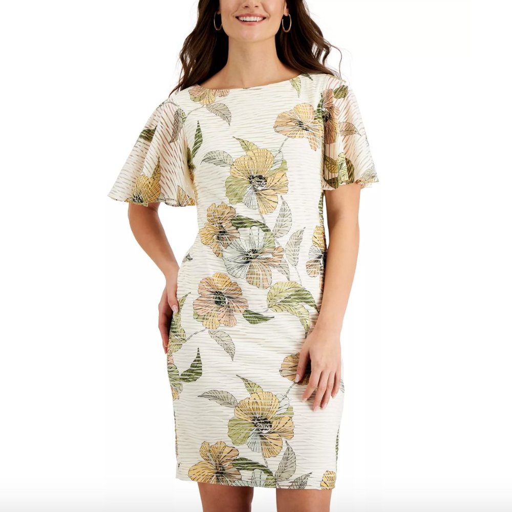 KASPER, Floral-Print Flutter-Sleeve Sheath Dress, Size 14